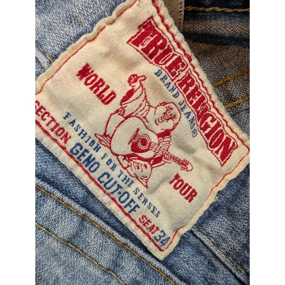 True Religion Geno Cutoff Denim Shorts Men's 33 (35) USA Longline Raw Hem